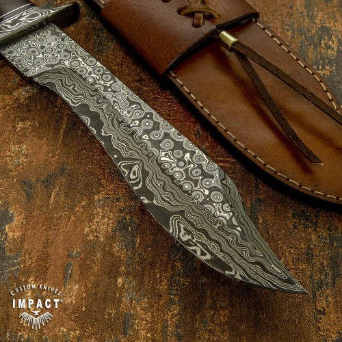 HANDMADE IMPACT Rare CUSTOM Damascus Hunting Bowie with BURL WOOD handle.