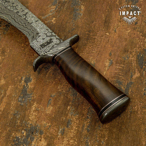 HANDMADE IMPACT Rare CUSTOM Damascus Hunting Bowie with BURL WOOD handle.