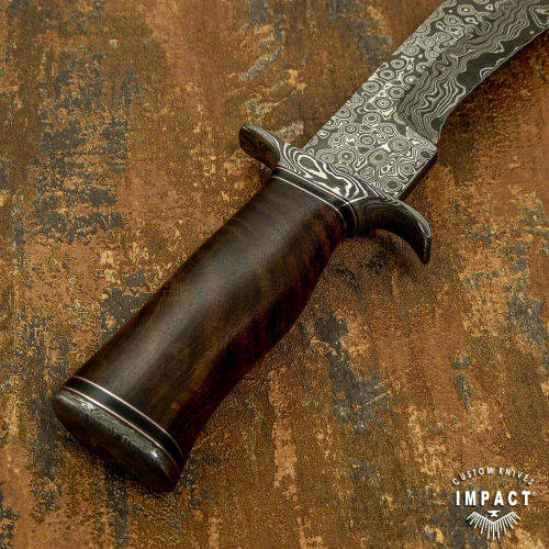HANDMADE IMPACT Rare CUSTOM Damascus Hunting Bowie with BURL WOOD handle.