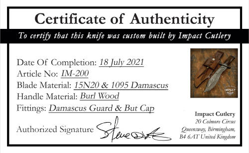 HANDMADE IMPACT Rare CUSTOM Damascus Hunting Bowie with BURL WOOD handle.