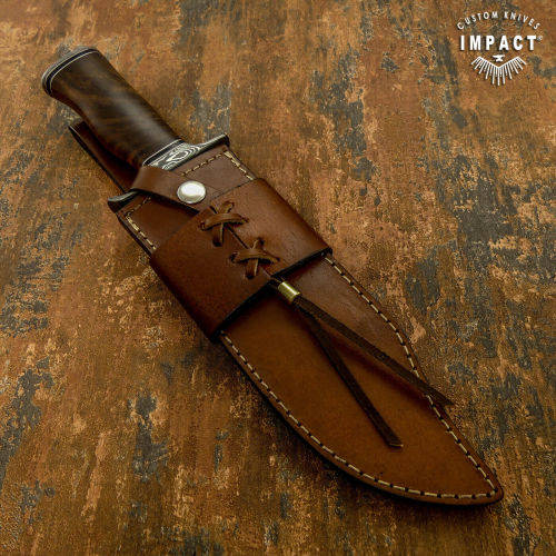 HANDMADE IMPACT Rare CUSTOM Damascus Hunting Bowie with BURL WOOD handle.
