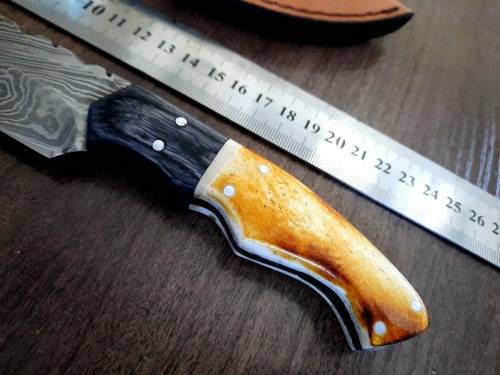 Handmade DAMASCUS Steel Hunting Knife, BURNT Camel Bone & Wooden Handle scales.
