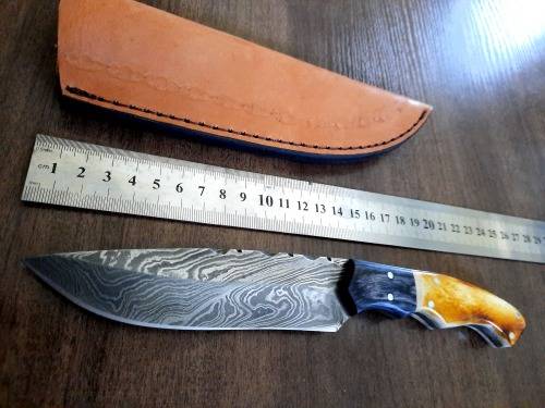 Handmade DAMASCUS Steel Hunting Knife, BURNT Camel Bone & Wooden Handle scales.