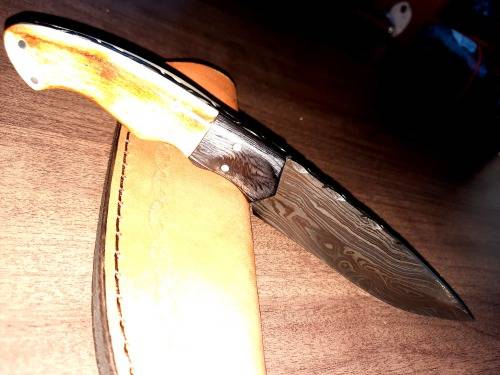 Handmade DAMASCUS Steel Hunting Knife, BURNT Camel Bone & Wooden Handle scales.