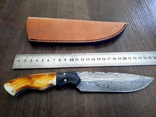 Handmade DAMASCUS Steel Hunting Knife, BURNT Camel Bone & Wooden Handle scales.