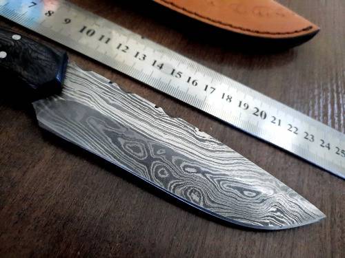 Handmade DAMASCUS Steel Hunting Knife, BURNT Camel Bone & Wooden Handle scales.