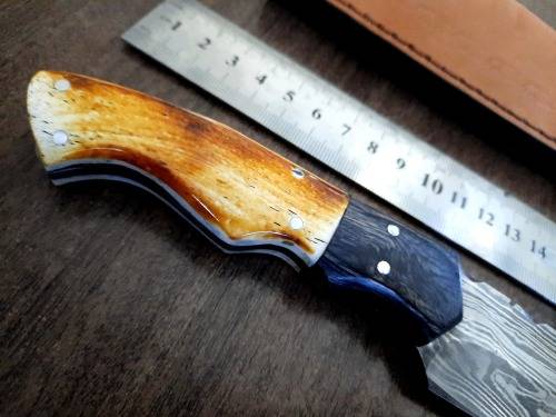 Handmade DAMASCUS Steel Hunting Knife, BURNT Camel Bone & Wooden Handle scales.