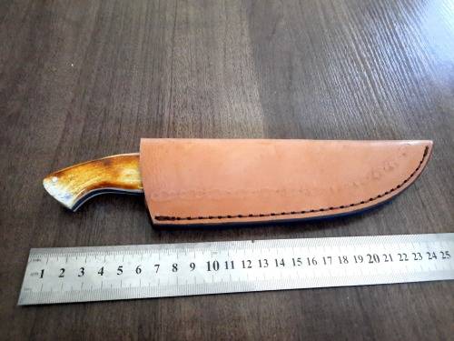 Handmade DAMASCUS Steel Hunting Knife, BURNT Camel Bone & Wooden Handle scales.
