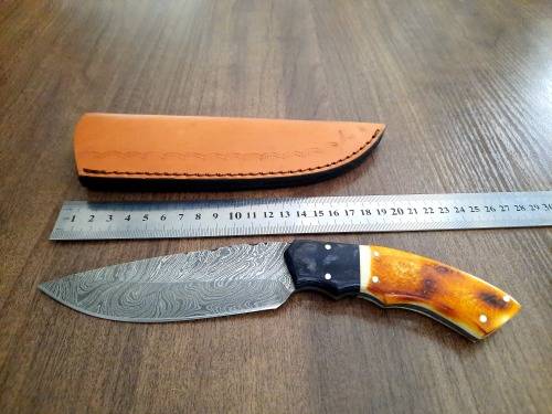 Handmade Damascus steel HUNTING Knife with Burnt CAMEL BONE handle scales.
