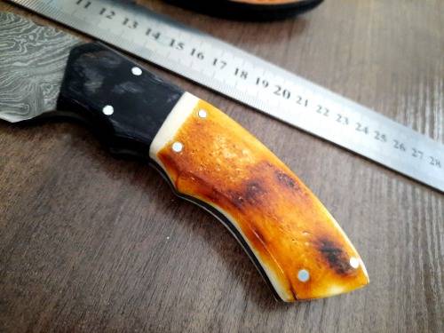 Handmade Damascus steel HUNTING Knife with Burnt CAMEL BONE handle scales.