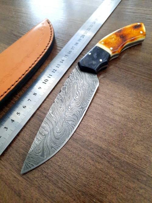 Handmade Damascus steel HUNTING Knife with Burnt CAMEL BONE handle scales.
