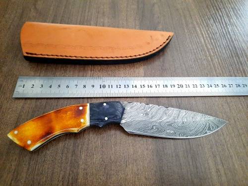 Handmade Damascus steel HUNTING Knife with Burnt CAMEL BONE handle scales.