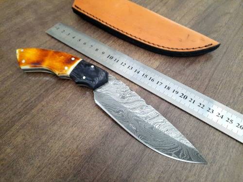 Handmade Damascus steel HUNTING Knife with Burnt CAMEL BONE handle scales.