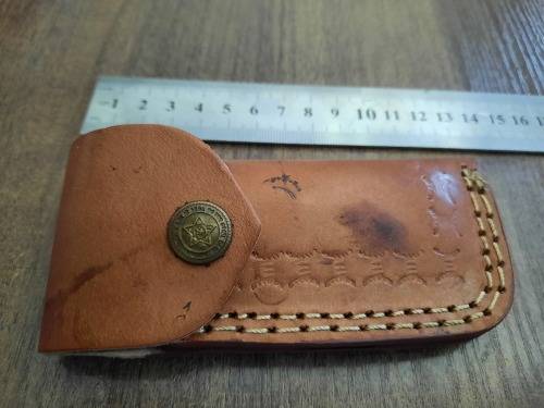 Handmade Damascus steel folding knife w Wooden Handle Scales. New stock !! LEATHER Pouch is BAD.