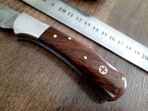Handmade Damascus steel folding knife w Wooden Handle Scales. New stock !!
