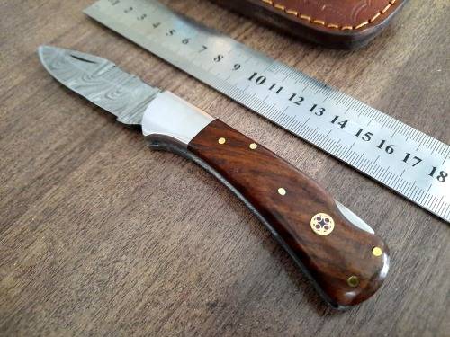 Handmade Damascus steel folding knife w Wooden Handle Scales. New stock !!