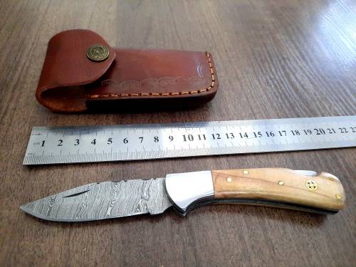Handmade Damascus steel folding knife w Olive Wood Handle Scales. New stock !!