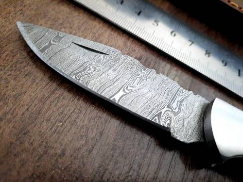 Handmade Damascus steel folding knife w Olive Wood Handle Scales. New stock !!