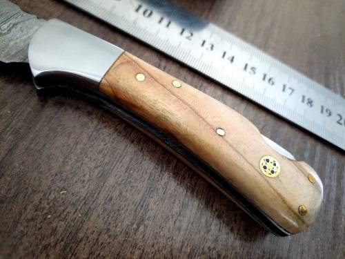 Handmade Damascus steel folding knife w Olive Wood Handle Scales. New stock !!