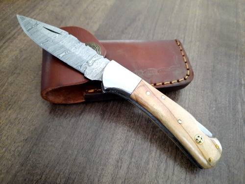 Handmade Damascus steel folding knife w Olive Wood Handle Scales. New stock !!