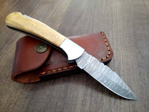 Handmade Damascus steel folding knife w Olive Wood Handle Scales. New stock !!