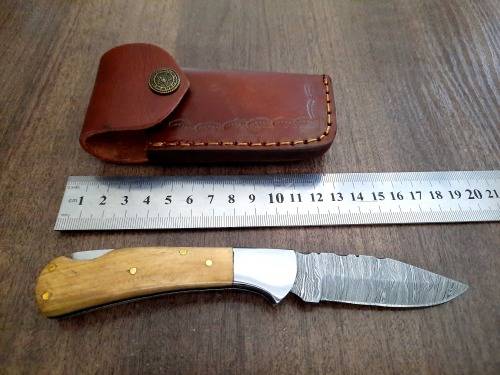 Handmade Damascus steel folding knife w Olive Wood Handle Scales. New stock !!