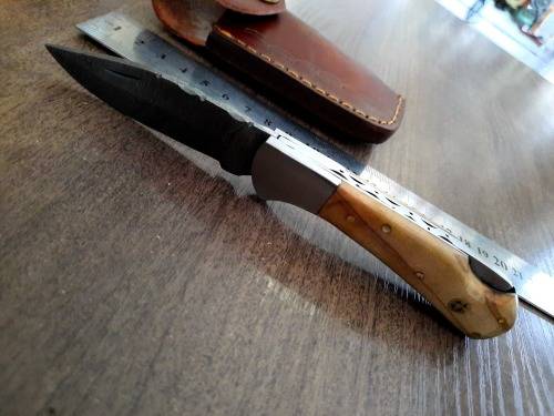 Handmade Damascus steel folding knife w Olive Wood Handle Scales. New stock !!