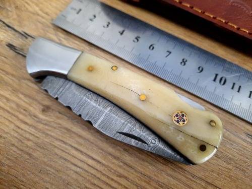 Handmade Damascus steel folding knife w Camel Bone Handle Scales. New stock !!