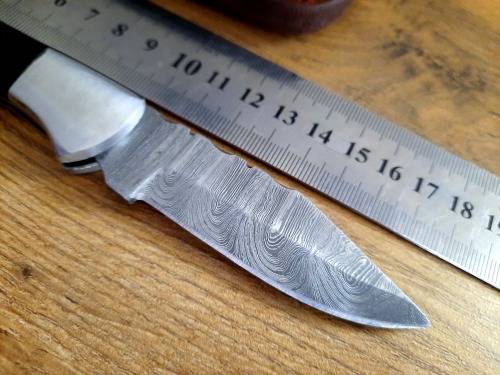 Handmade Damascus steel folding knife w  Bull Horn Handle Scales. New stock !!