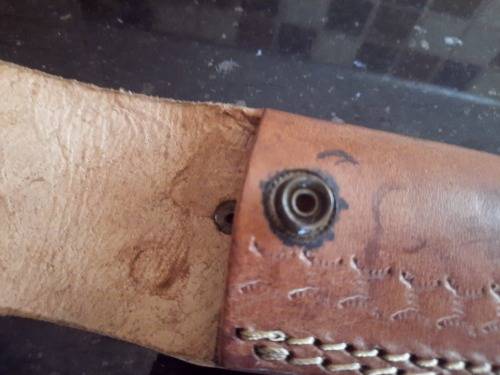 Handmade Damascus steel folding knife w Wooden Handle Scales. Pouch in bad shape, see pictures.