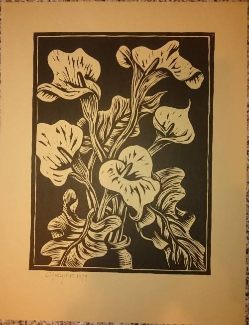 Arum Lillies Linocut by Gregoire Boonzaier Dated 1979
