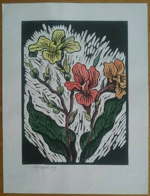 Watercolored Wildflowers Linocut by Gregoire Boonzaier Dated 1979