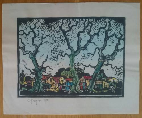 Watercolored Huise Tussen Bome en Tafelberg Linocut by Gregoire Boonzaier Dated 1978