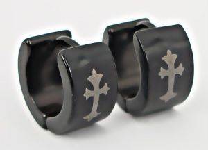 MENS BLACKSTAINLESS STEEL HOOPED EARINGS WITH SANDBLASTED CROSS