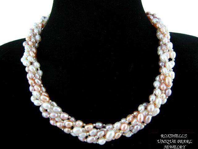 LAVENDER WHITE AND  PINK FRESHWATER PEARLS TWISTED ROPE NECKLACE
