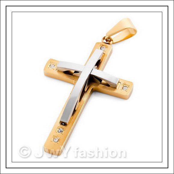 SILVER AND GOLD S.S  CROSS  and  5 C.ZIRCONIA WITH FREE THONG OR  S.STEEL  BALL CHAIN