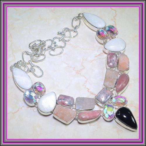RHODONITE DRUZY MOP ONYX AND CRYSTALS 925 STERLING NECKLACE