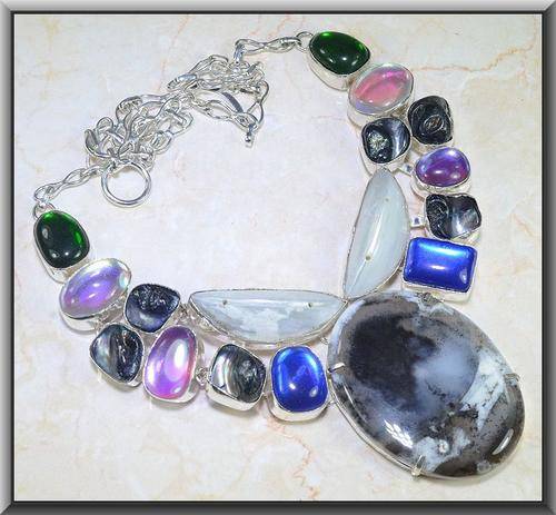 DENDRITIC AGATE BAROQUE PEARLS AND RAINBOW TOPAZ 22INCH 108 GRAMS