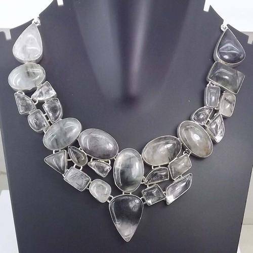 BLACK RITULATED QUARTZ SET IN GERMAN SILVER AND PLATED WITH 925