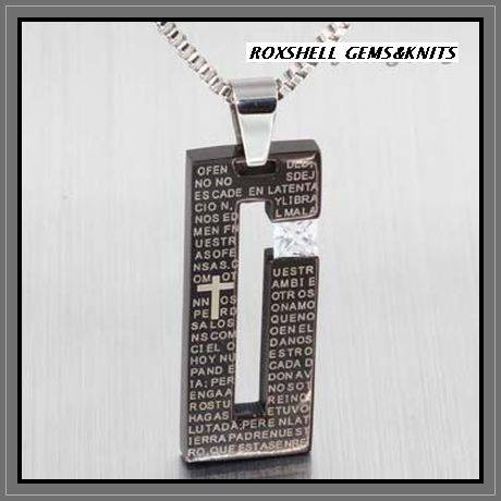 STAINLESS STEEL BLACK AND SILVER LORDS PRAYER PENDANT AND CUBIC ZIRCONIA WITH BOX CHAIN