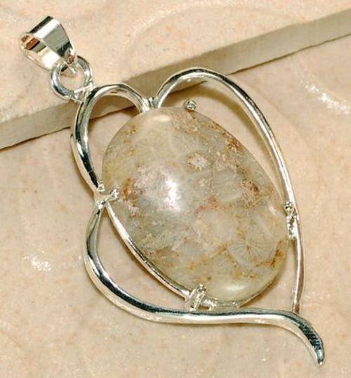 CORAL FOSSIL 25 MM X 19 MM PENDANT SILVER PLATED