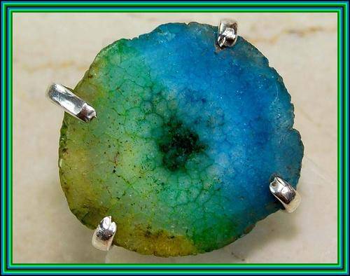 BLUE AND GREEN SOLAR QUARTZ DRUZY 20 MM RING SIZE 6 SET IN 925 STERLING SILVER
