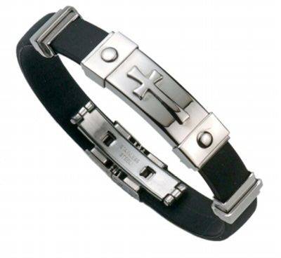 MANS STAINLESS STEEL 316L SILVER AND BLACK ION SILICONE BRACELET