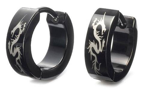 MENS LUCKY DRAGON  DEEP BLACK STAINLESS STEEL HOOPED EARINGS