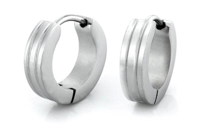 MENS SILVER  STAINLESS STEEL HOOPED EARINGS WITH TWO PARRALEL GROOVES