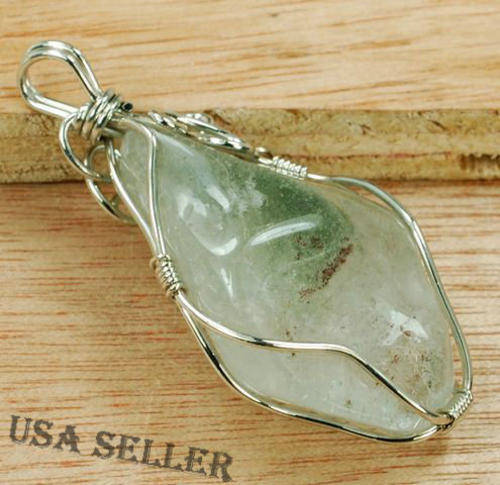 PHANTOM QUARTZ GEMSTONE  18K WGP WIRE WRAP PENDANT 36X16X25MM  28GRMS