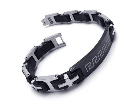 STAINLESS STEEL 316L SILVER AND BLACK RUBBER CROSS LINKED BRACELET WITH GREEK PRINT.