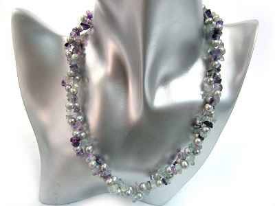 SILVER FRESH WATER PEARLS COMBINED WITH NATURAL PURPLE FLOURITE CHIPS