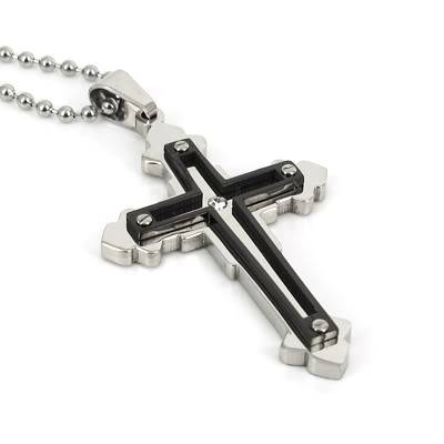 BLACK & SILVER  STAINLESS STEEL CROSS PENDANT  44MM X 34MM WITH FREE CHAIN