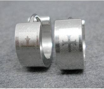 MENS SILVER  STAINLESS STEEL HOOPED EARINGS WITH  SANDBLASTED CROSS